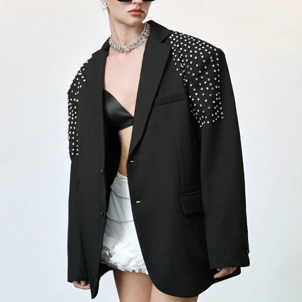 Black Elegant Formal Women's Oversized Rhinestone detailed Blazer